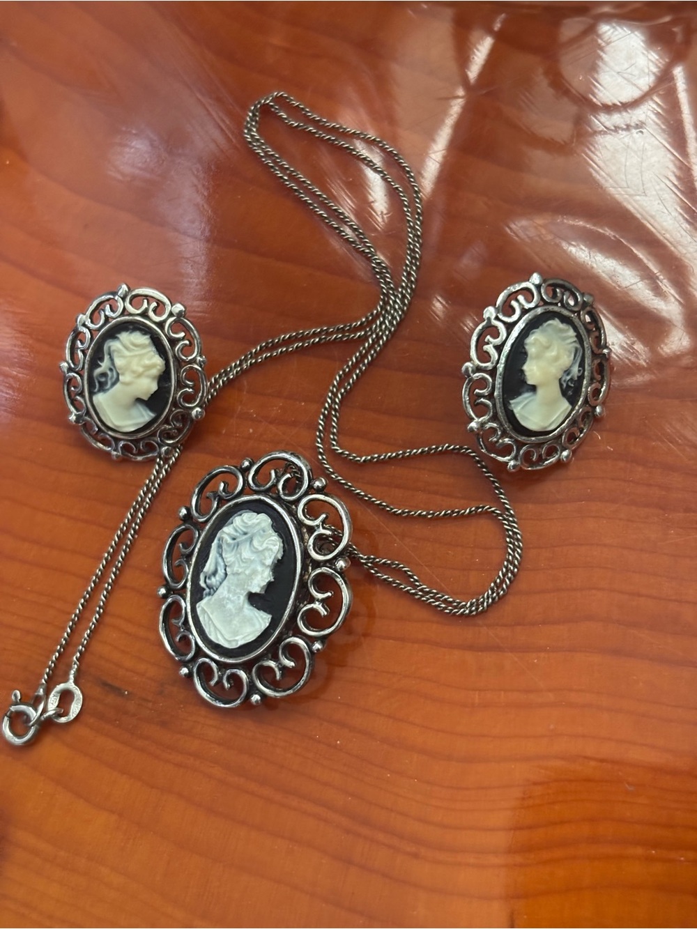 Sterling Silver Vintage Style Black and Cream Cameo Necklace and Earring Set